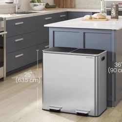 Trash Can, 2 x 10.6 Gallon (2 x 40 L) Garbage Can for Kitchen, with 15 Trash Bags, 2 Compartments, Plastic Inner Buckets and Hinged Lids, 