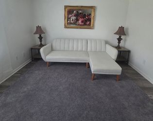 Livingroom Bundle- Selling Sofa, Rug, 2 Side Tables, 2 Table Lamps, and Decorative Wall Art $500 all
