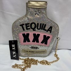 NWT BY:KY Silver Glitter Bottle Crossbody Bag Novelty Club Purse Festival Bachelorette
