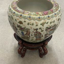Vintage Asian Porcelain Fishbowl Planter with Wooden Stand