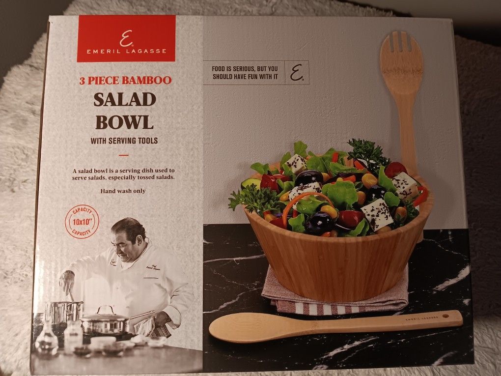 New Bamboo Salad Bowl w/Serving Fork ,& Spoon