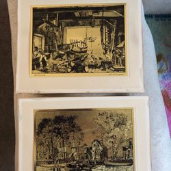 4 Vintage Gold-Etch Prints