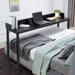 Overbed Table with 360° Wheels, Queen Size Mobile Bed Desk, Standing Workstation Laptop Cart, Over Bed Table w/Heavy Duty Metal Leg, Dining Table Comp