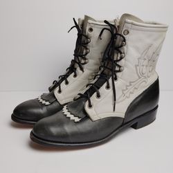 Vintage Larry Mahan Womens Western Boots Size 10M Tooled Leather Lace Up