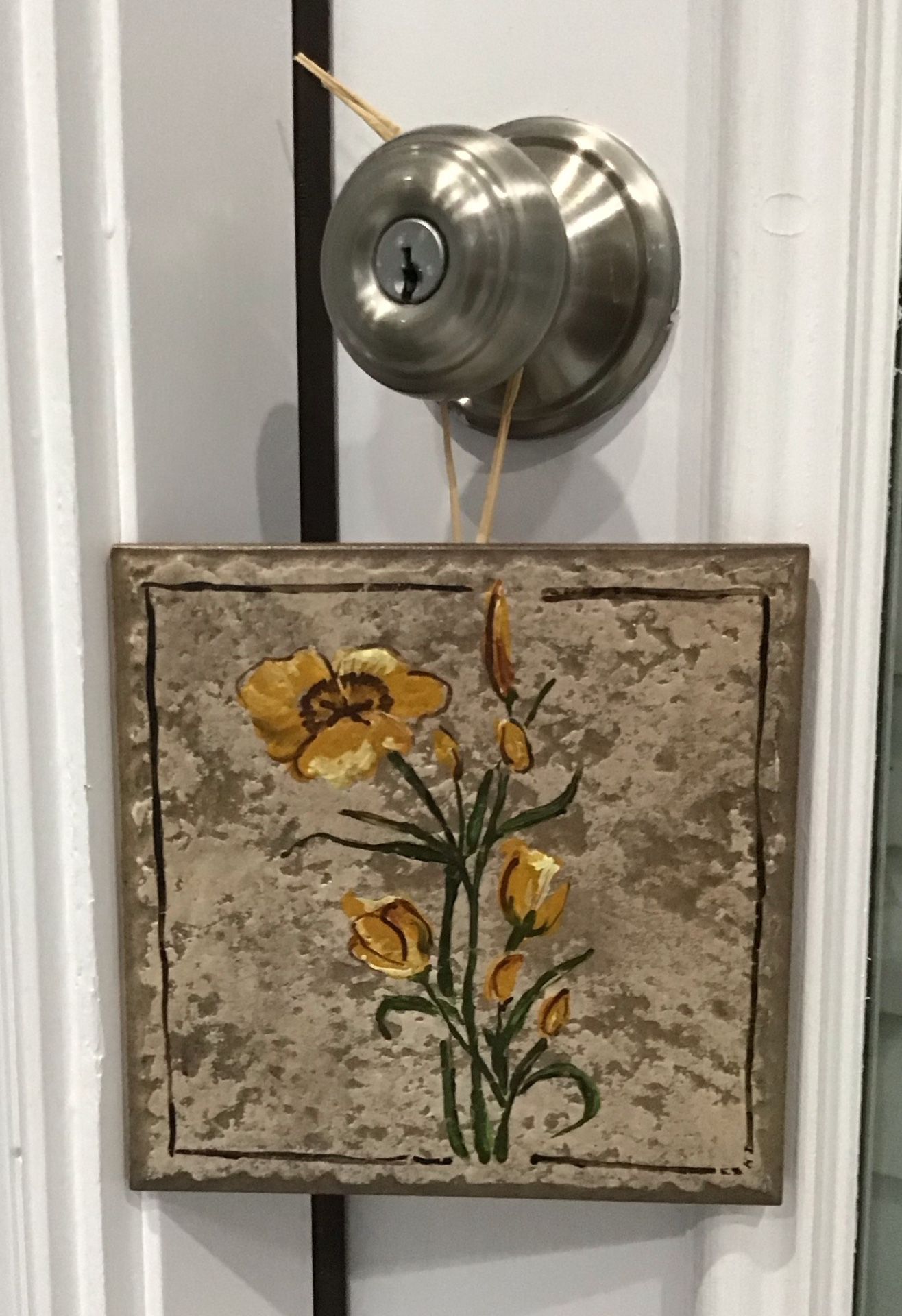 Hand Painted Shabby Tan & Yellow Floral Hanging Textured Ceramic Tile