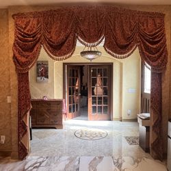 Beautiful custom European style gold and burgundy red drapes and window curtains panel  