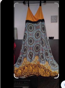 Brand New - Boho-style convertible maxi skirt/halter neck dress featuring a yellow top bodice and a blue-and-teal circular mandala or geometric print