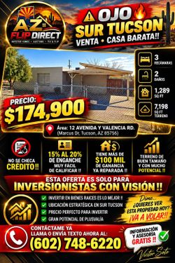 ...YA VISTE? 🔥 TUCSON - NOGALES - RIO RICO 💯
🔥🏡 ¡LISTA DE CASAS EN TODO ARIZONA! 🏡🔥

💲 ¿BUSCAS CASA A BUEN PRECIO O UNA OPORTUNIDAD PARA INVERT