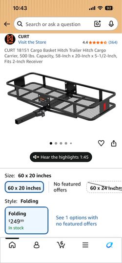 CURT 18151 Cargo Basket Hitch Trailer Hitch Cargo Carrier, 500 lbs. Capacity, 58-Inch x 20-Inch x 5-1/2-Inch, Fits 2-Inch Receiver