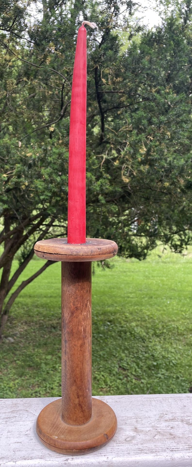 Antique Wooden Industrial Spool. W/ Candle.Primitive Decor Candle Holder