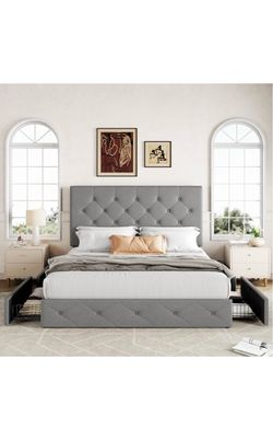 Gray Queen Size Bed with 4 Storage Drawers