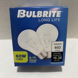 Set Of 2 : Bulbrite Long Life 60w 130V A-19 CLEAR Light Bulbs 