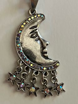 Rhinestone Moon w/ Dangling Stars Charm Pendant Necklace - Celestial Jewelry