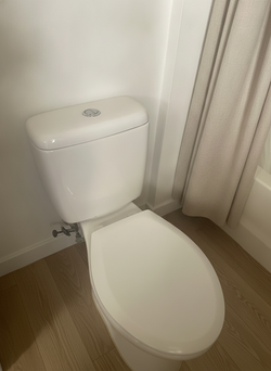Two-Piece Elongated Dual-Flush Toilet, White Ceramic, Good Condition