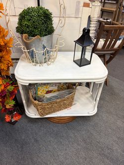 White Rattan Side Table with Lower Shelf
