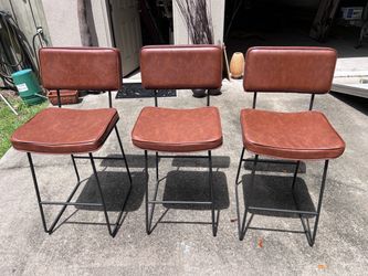 Set of 3 Brown Leather Bar Stools