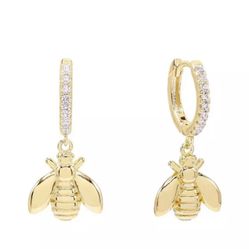 small gold BEE dangle on crystal hoop minimalist charm earrings 