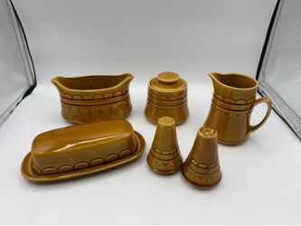 Vintage Homer Laughlin stoneware serving set in the "Harvest Gold" or "Granada" pattern