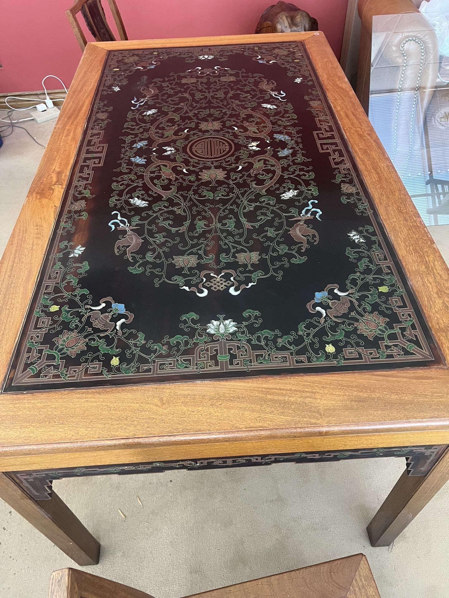 Carved Chinese Table W/Custom Glass Top And Chairs