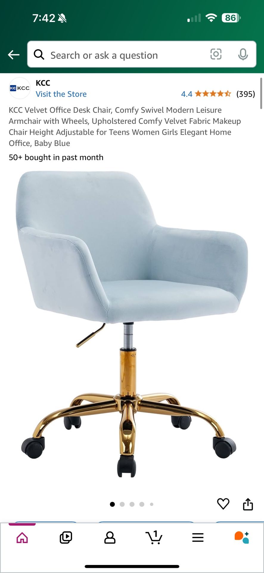 Brand New Baby Blue/Gold Velvet Height Adjustable Swivel Office/Vanity Chair