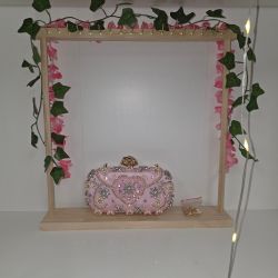 Pink Beaded Pearl Rhinestone Heart Clutch Evening Bag Gold Tone