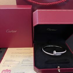 Cartier Silver Nail Bracelet Covered In Diamonds 