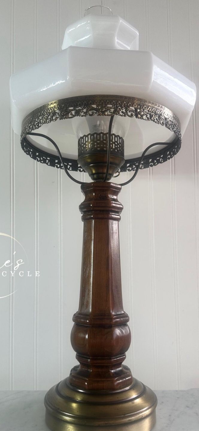 Vintage 1970s walnut lamp with milk glass shade and brass banding