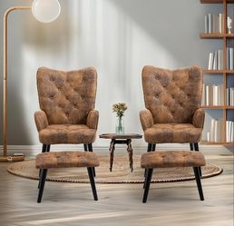 (TWO) Accent Chairs with Ottomans, Button Wingback Leisure Single Sofa, Arms Upholstered Tall Back Desk Chair for Bedroom, Reading (Brown)
