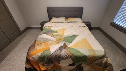 Queen sized mattress, bed frame, box spring and side cabinets