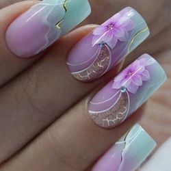 24pcs Luxury Pink/Mint Green Floral Press-On Nails