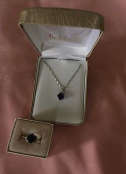 Sterling silver sapphire with small diamond necklace & ring set
