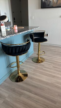 Set of 2 Black Velvet & Gold Swivel Counter Stools