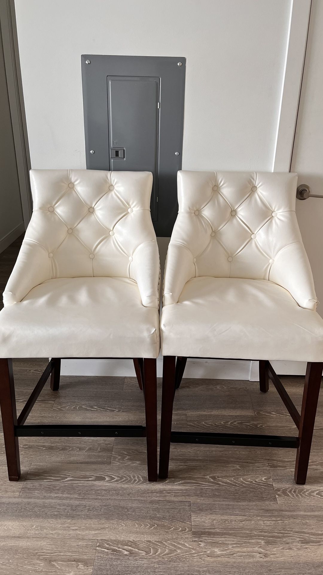 MOVING SALE! Two White Cushioned Counter Stools With Silver Handles