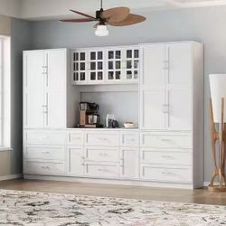 $B White Wood 110.2 in. W Pantry Cabinet with Glass Doors, 11 Drawers for Kitchen or Dining Room Storage$480