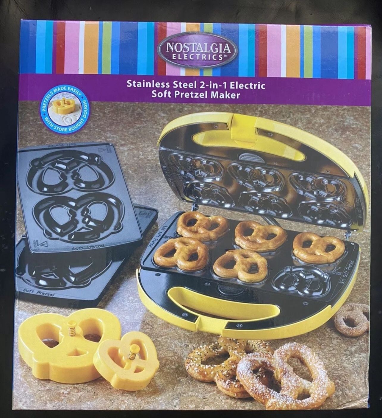 Brand New Nostalgia Electrics Stainless Steel 2-in-1 Soft Pretzel Factory Maker 
