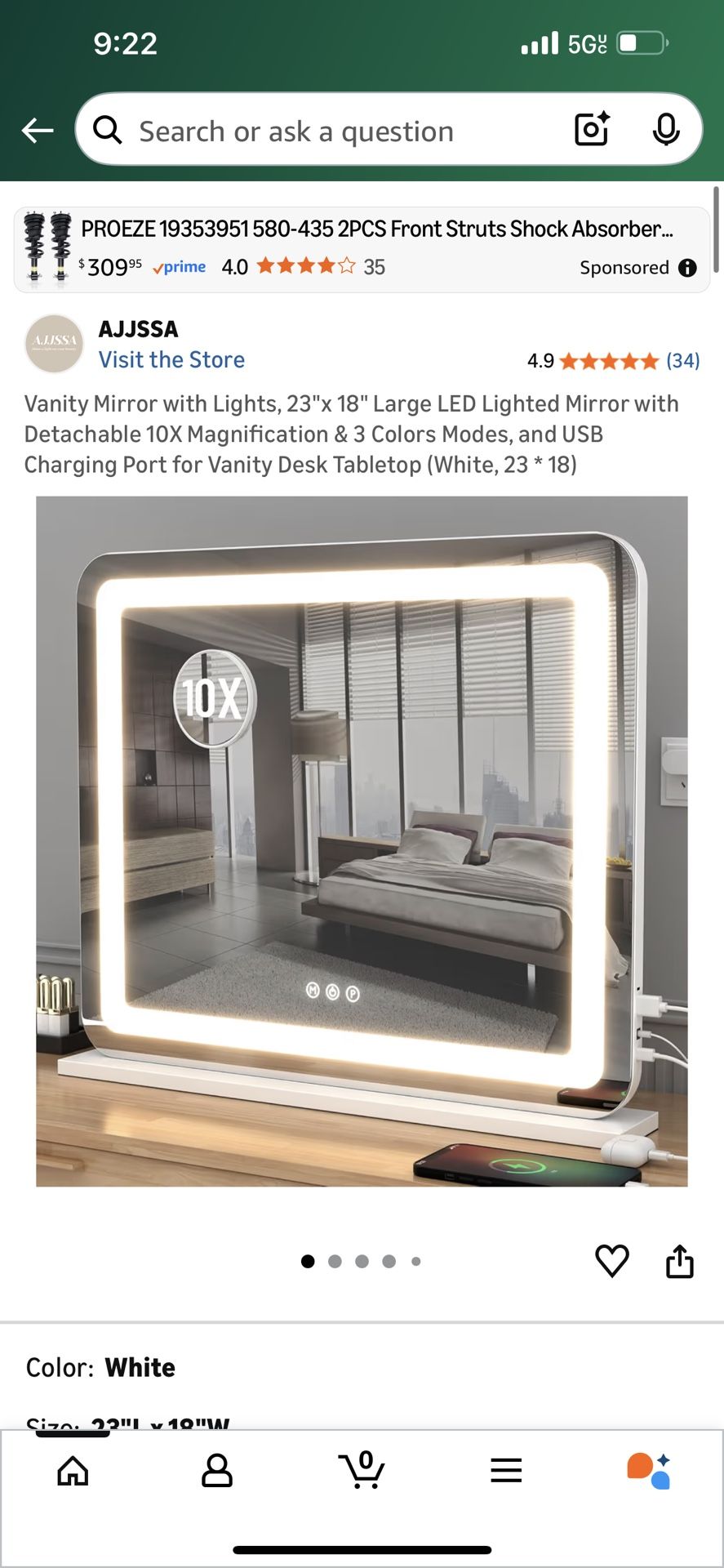 Vanity Mirror with Lights, 23"x 18" Large LED Lighted Mirror with Detachable 10X Magnification & 3 Colors Modes, and USB Charging Port for Vanity Desk