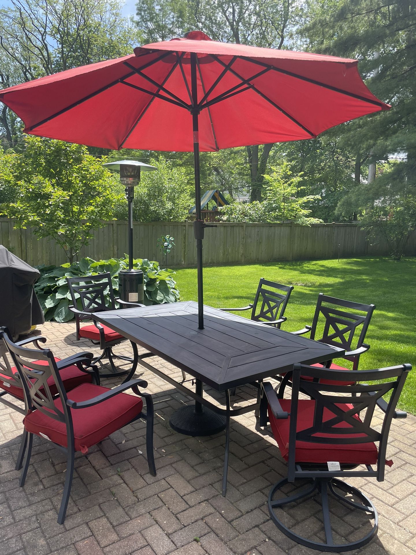 Metal Outdoor Table, Chairs And Umbrella