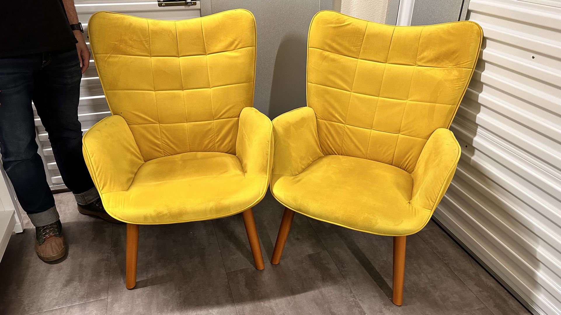 Battistina Velvet Armchair with Ottoman, Mid-Century Modern Yellow Chairs x2