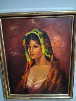 Vintage Oil Painting Portrait "Gypsy Woman " SIZE: 27" W  x 33" L  Signed.  DA Costa