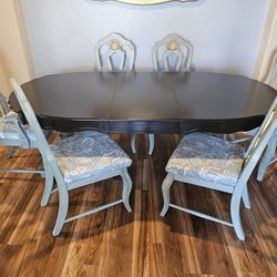  Vintage Renewed, Blue Gilded Distressed French Country Table With 6 Chairs. 