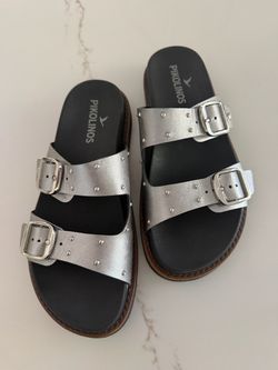 Pikolinos Silver Studded Double-Buckle Sandals