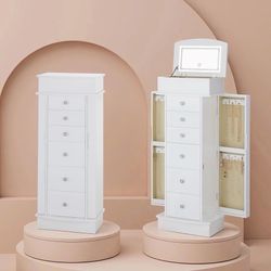 Jewelry Cabinet with LED Mirror and 6 Drawers, White