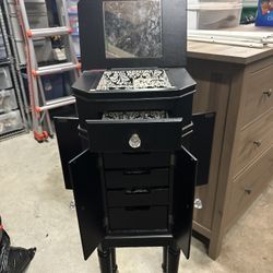 Elegant Free-Standing Black Jewelry Cabinet — Mirror, Drawers & Necklace Hooks