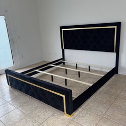 Luxury Upholstered Bed Frame with Gold Accents