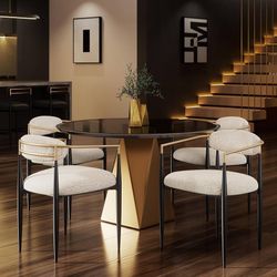 Modern Dining Chairs Set of 4, Upholstered Boucle Dining Chairs with Gold Armrest and Black Metal Legs, Accent Armchairs for Kitchen, Living Room and 