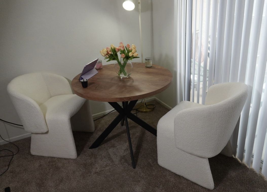 NORDICANA 3 Pieces Breakfast Table Set for 2, 37 Inch Round Dining Table and Chairs Set, Off White Upholstered Dining Chairs with Circle Kitchen Table