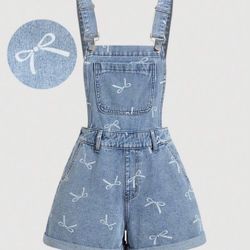 Woman's Blue denim backless fitted bib shorts overalls with  bow print design size small