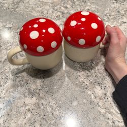 Two Large Mushroom Mugs With Lids
