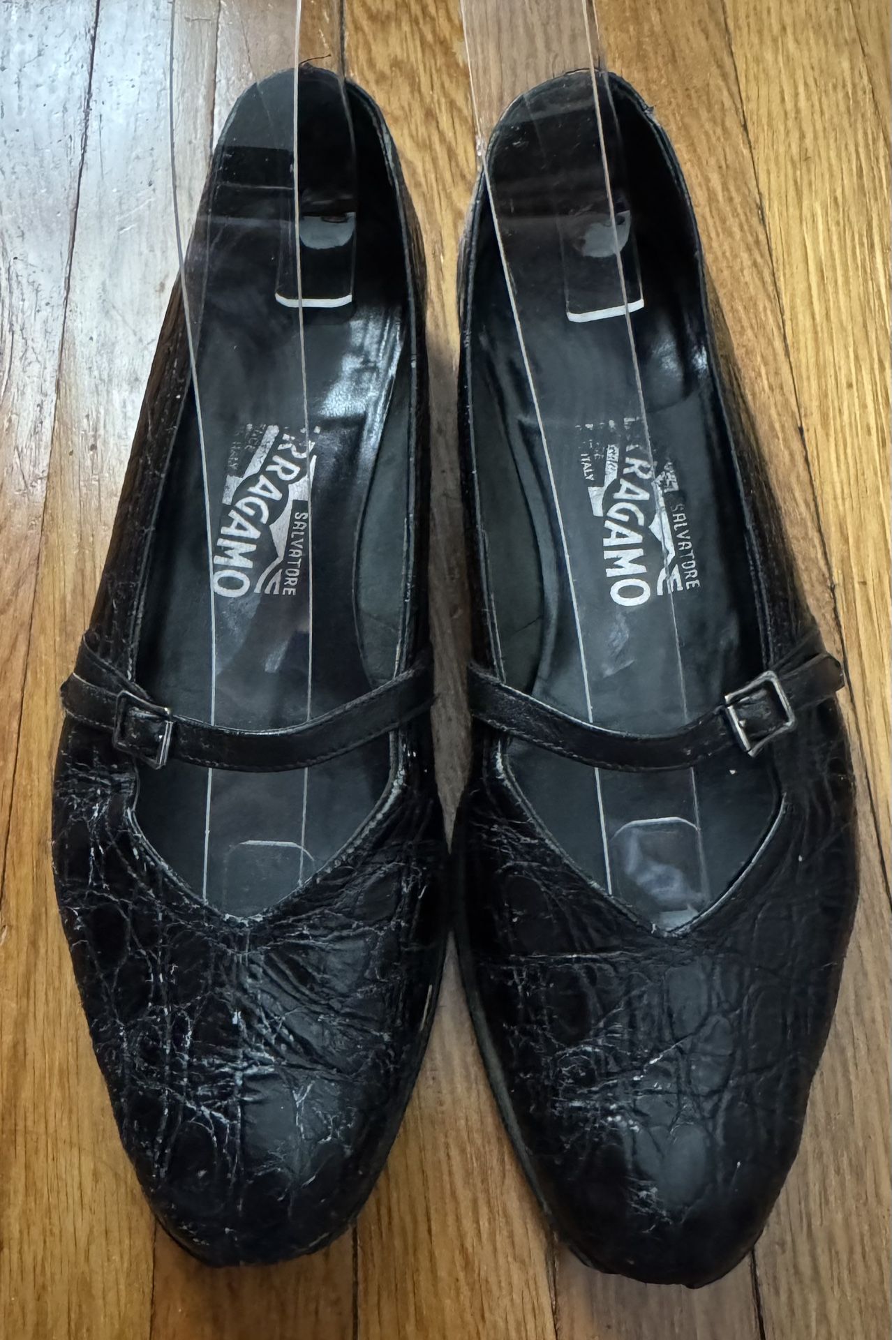 Salvatore Ferragamo Black Mary Jane Patent Leather Ballet Flats, size 6.5 B Made in Italy