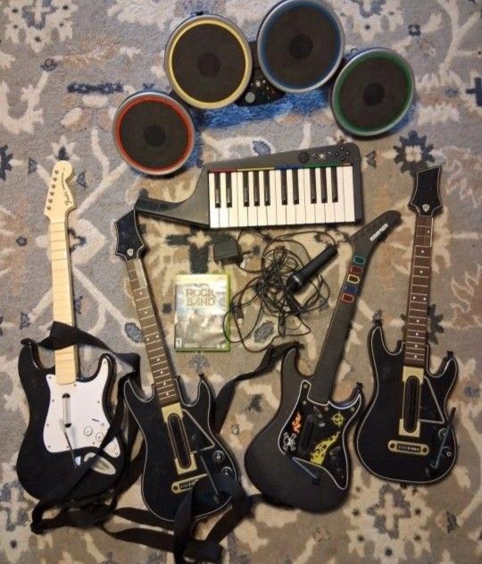 Xbox 360 Rock Band 5 Guitar Lot Video Game Drums Keyboard